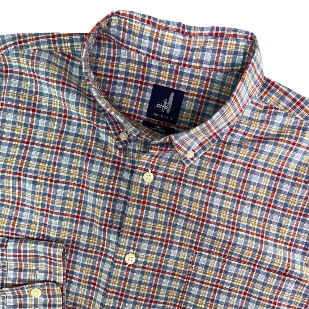 Johnnie-O Men's Large Blue Red Tan Plaid 100% Cotton Button Down Shirt Casual